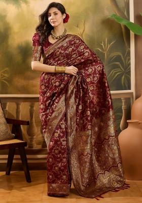 Maroon Applique Banarasi Saree Set