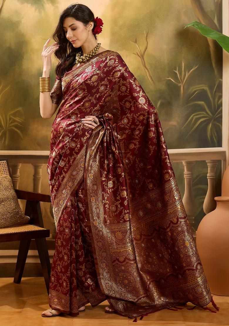 Maroon Applique Banarasi Saree Set - Indya