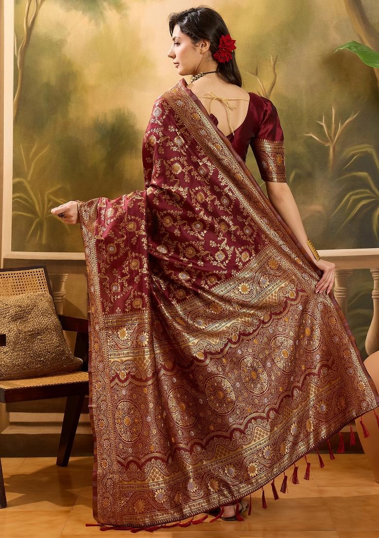Maroon Applique Banarasi Saree Set - Indya