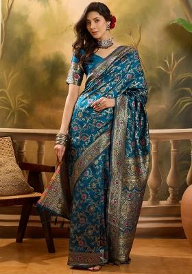Teal Blue Applique Banarasi Saree Set