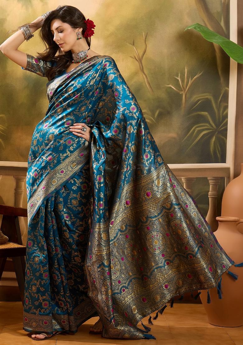 Teal Blue Applique Banarasi Saree Set - Indya