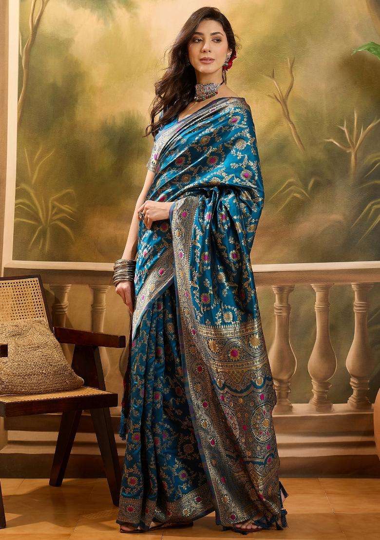 Teal Blue Applique Banarasi Saree Set - Indya