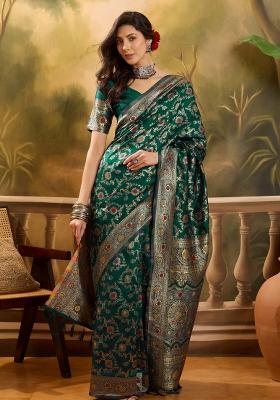Bottle Green Applique Banarasi Saree Set