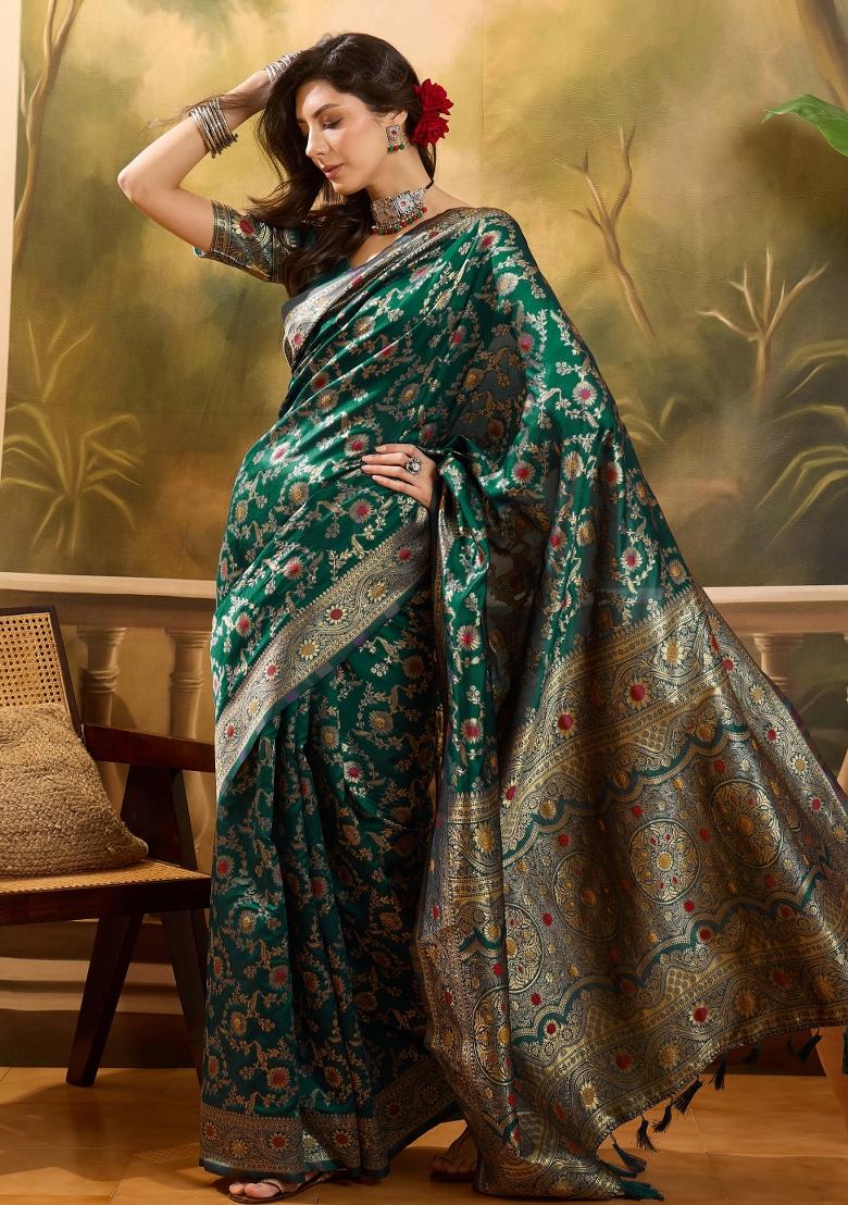 Bottle Green Applique Banarasi Saree Set - Indya