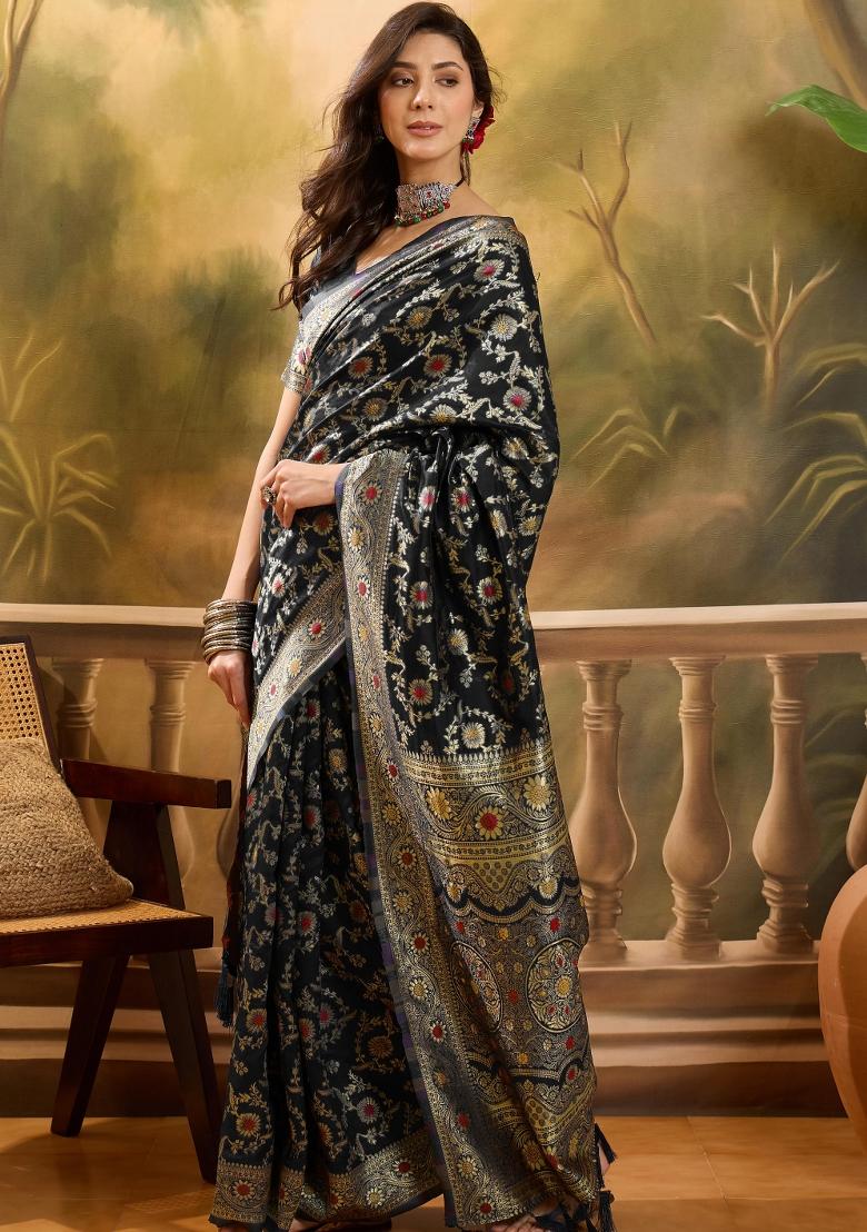 Black Applique Banarasi Saree Set - Indya