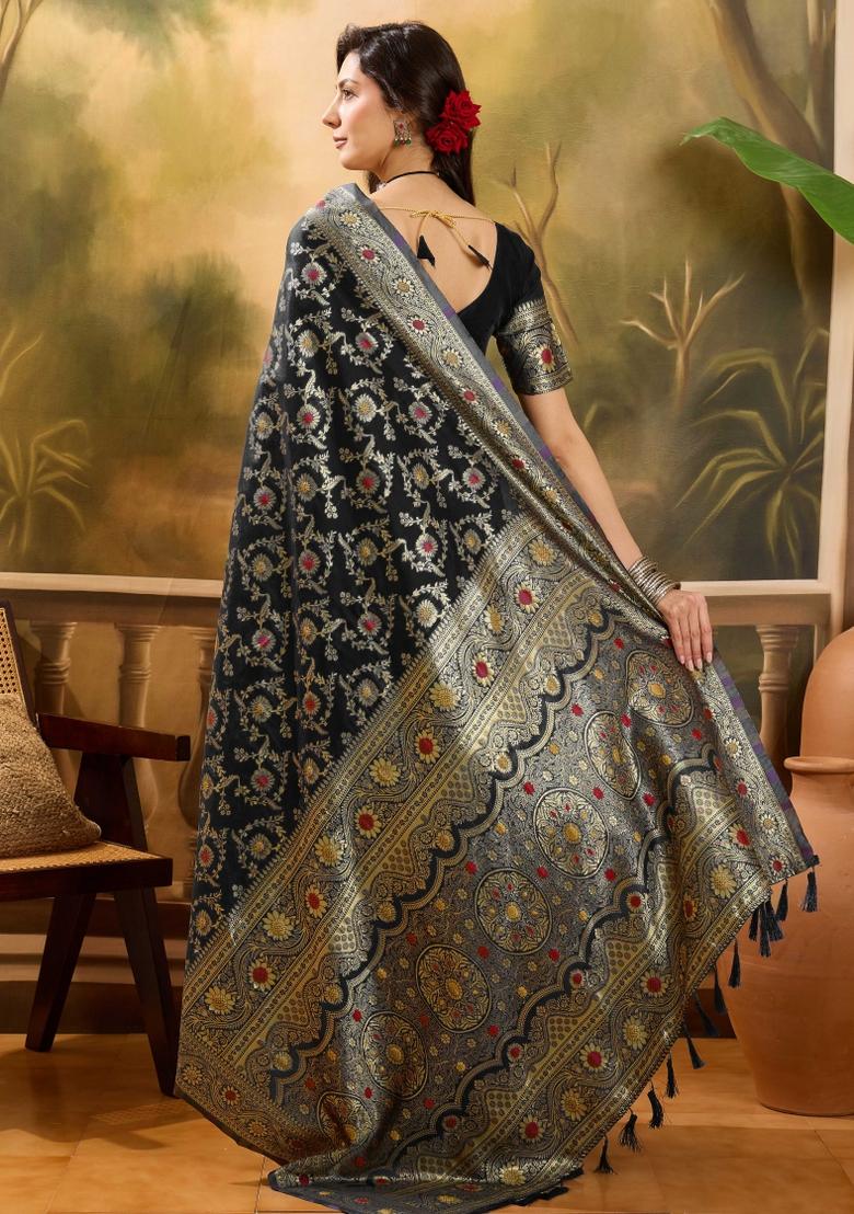 Black Applique Banarasi Saree Set - Indya