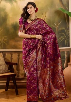 Magenta Applique Banarasi Saree Set