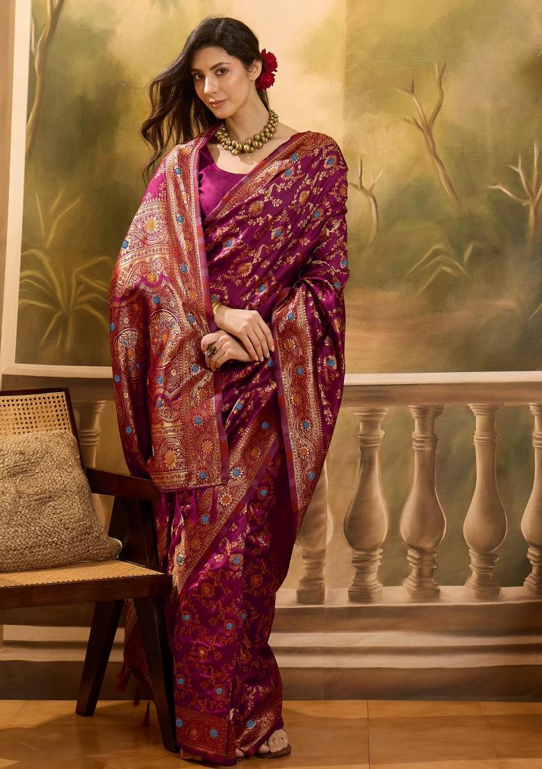 Magenta Applique Banarasi Saree Set - Indya