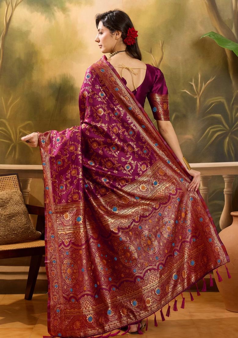 Magenta Applique Banarasi Saree Set - Indya