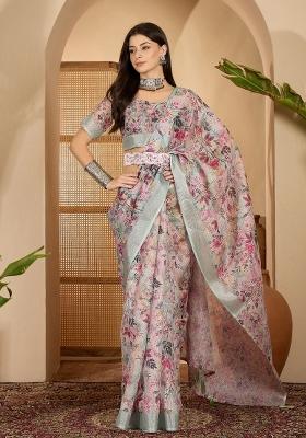 Pastel Green Printed Linen Saree Set