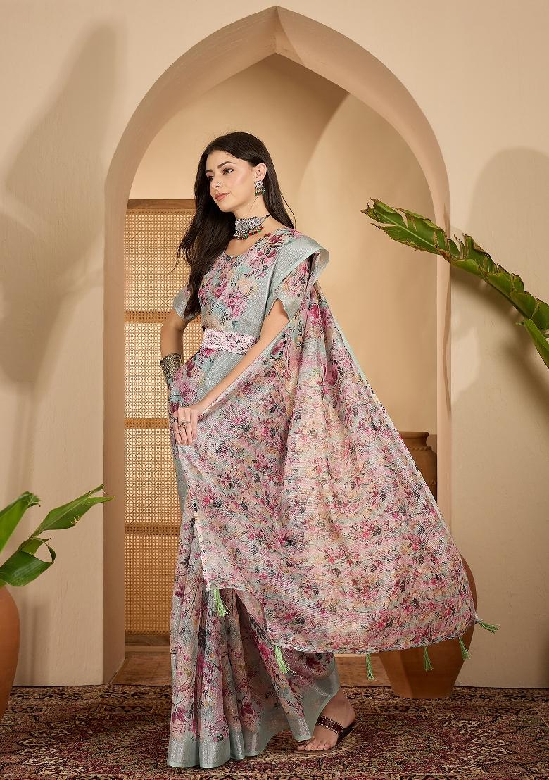 Pastel Green Printed Linen Saree Set - Indya