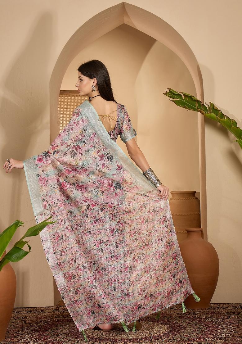 Pastel Green Printed Linen Saree Set - Indya