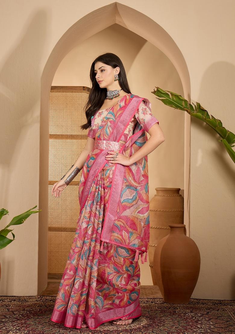 Pink Printed Linen Saree Set - Indya
