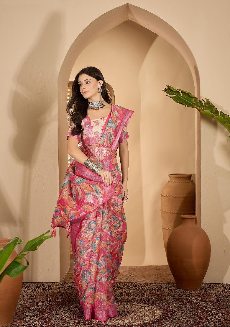 Pink Printed Linen Saree Set - Indya