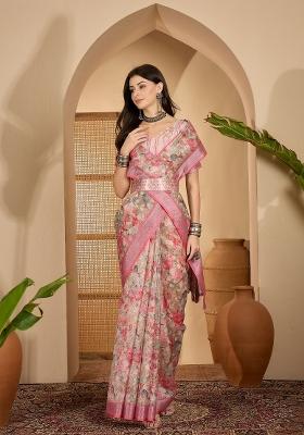 Multicolor Printed Linen Saree Set