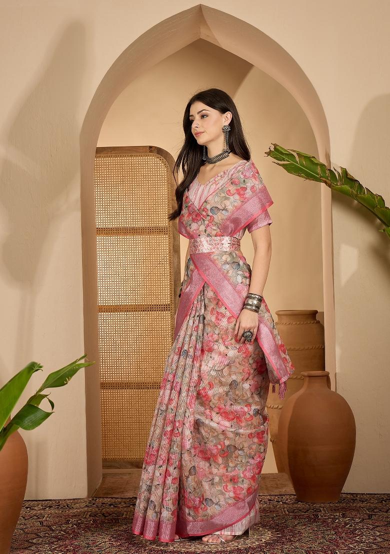 Multicolor Printed Linen Saree Set - Indya