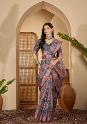 Dark Grey Printed Linen Saree Set