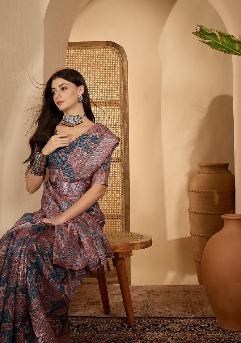 Dark Grey Printed Linen Saree Set - Indya