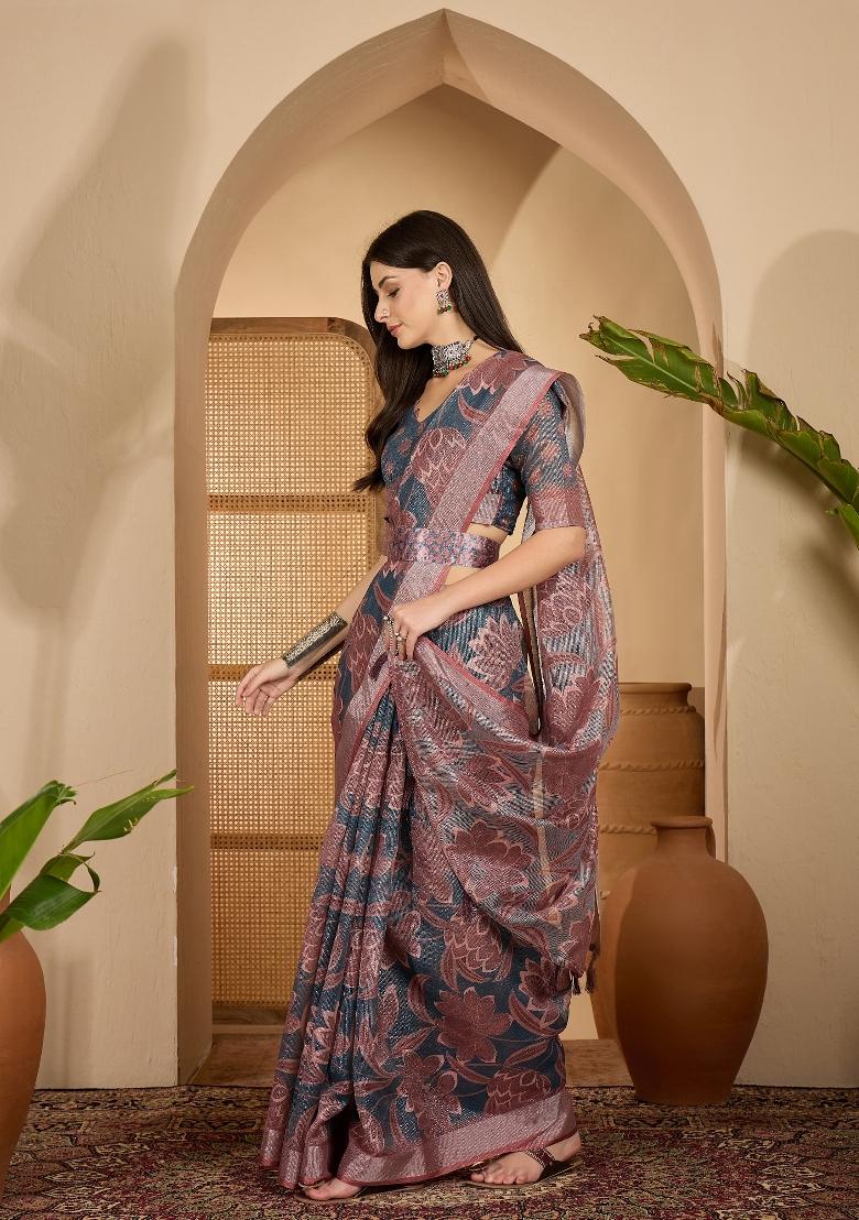 Dark Grey Printed Linen Saree Set - Indya