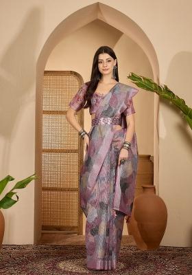 Multicolor Printed Linen Saree Set