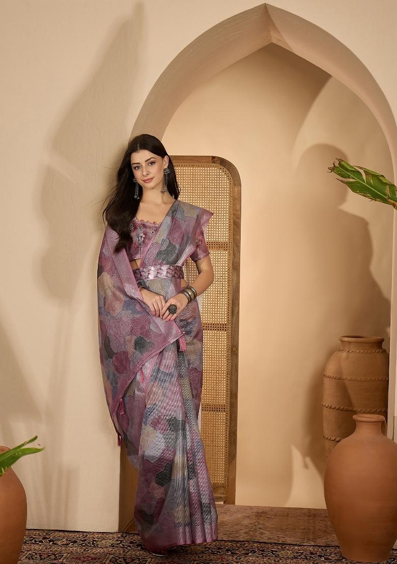 Multicolor Printed Linen Saree Set - Indya