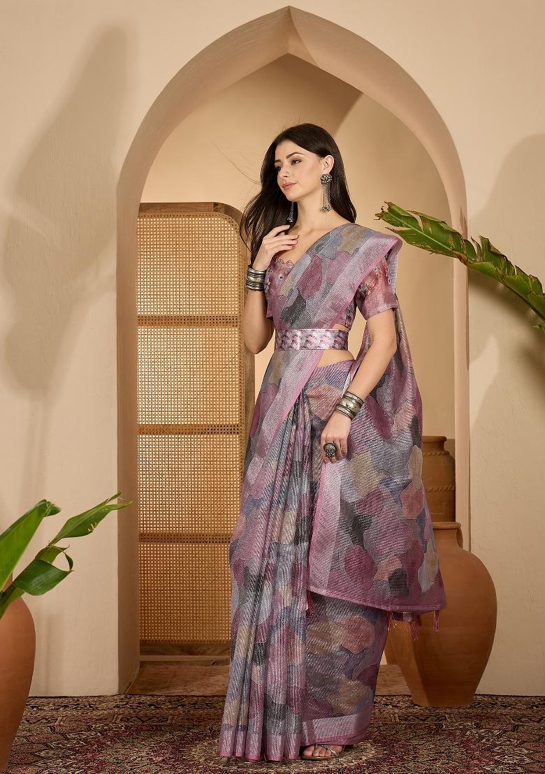 Multicolor Printed Linen Saree Set - Indya