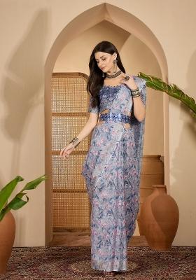 Lavender Printed Linen Saree Set