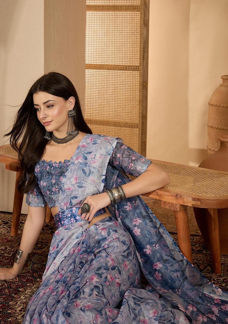 Lavender Printed Linen Saree Set - Indya