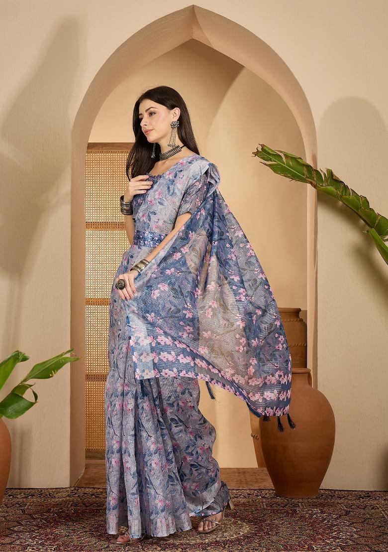 Lavender Printed Linen Saree Set - Indya
