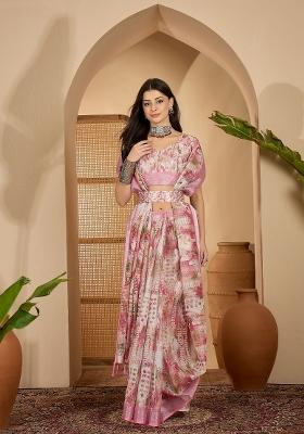 Pink Printed Linen Saree Set