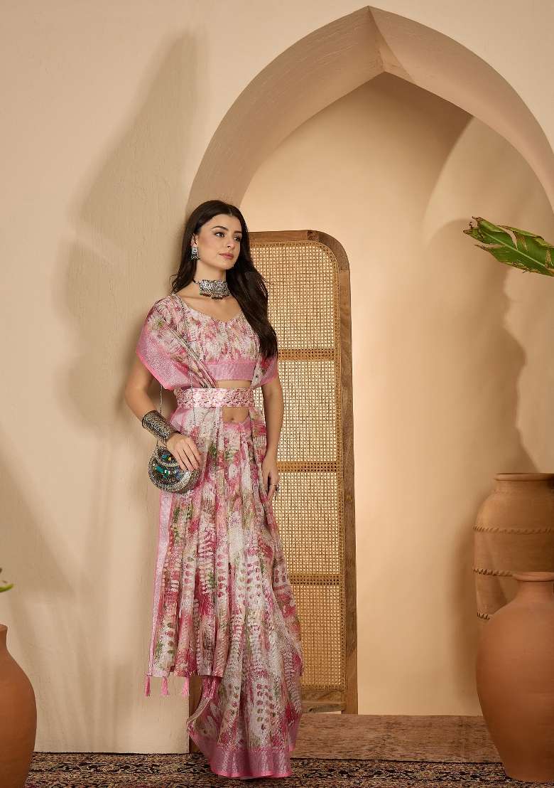 Pink Printed Linen Saree Set for Diwali and Festive Wear - Indya