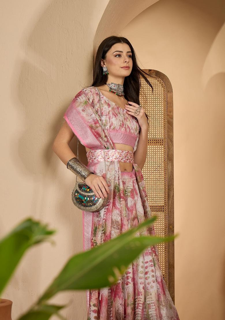 Pink Printed Linen Saree Set - Indya