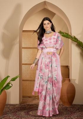 Baby Pink Printed Linen Saree Set
