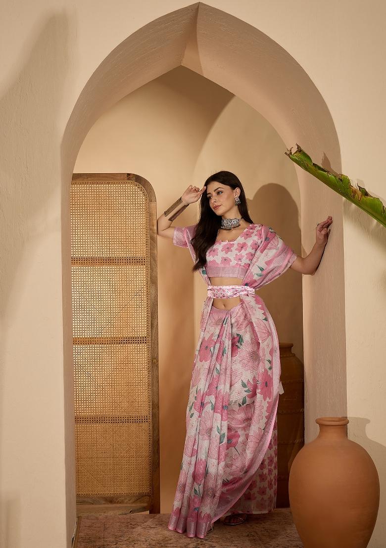 Baby Pink Printed Linen Saree Set - Indya