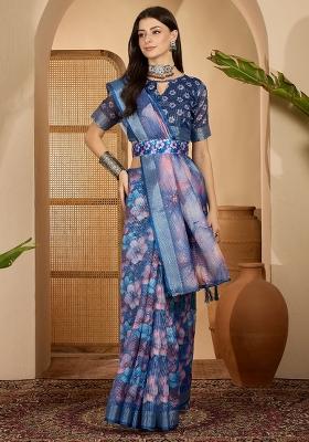 Blue Printed Linen Saree Set