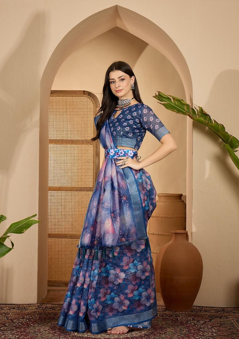 Blue Printed Linen Saree Set - Indya