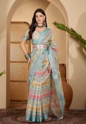 Multicolor Printed Linen Saree Set