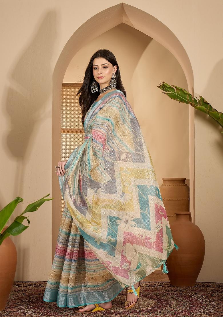 Multicolor Printed Linen Saree Set - Indya