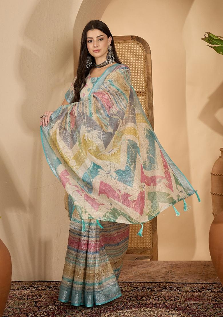 Multicolor Printed Linen Saree Set - Indya