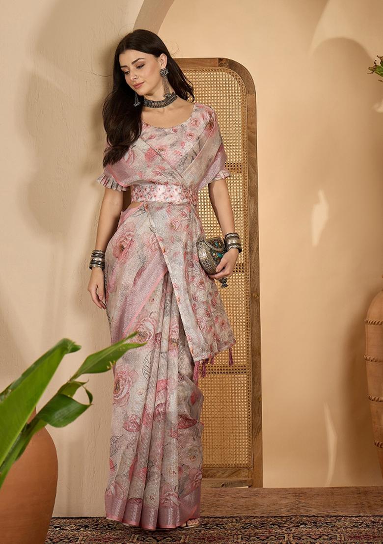 Peach Printed Linen Saree Set - Indya