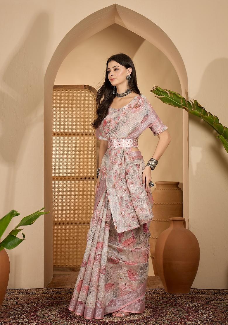 Peach Printed Linen Saree Set - Indya