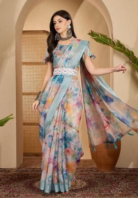 Blue Printed Linen Saree Set