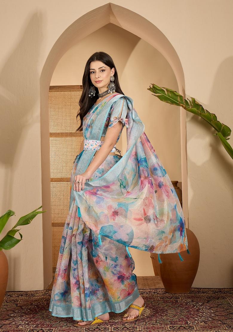 Blue Printed Linen Saree Set - Indya