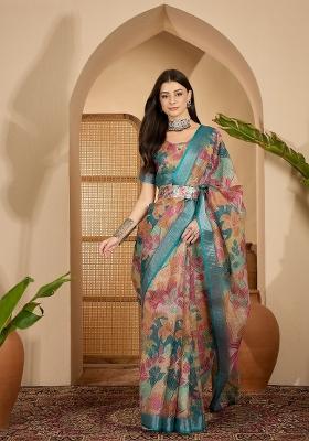 Multicolor Printed Linen Saree Set
