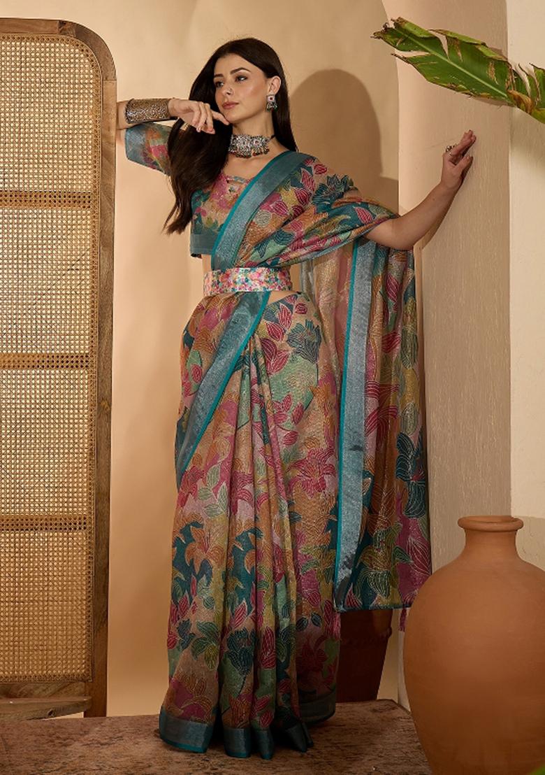 Multicolor Printed Linen Saree Set - Indya