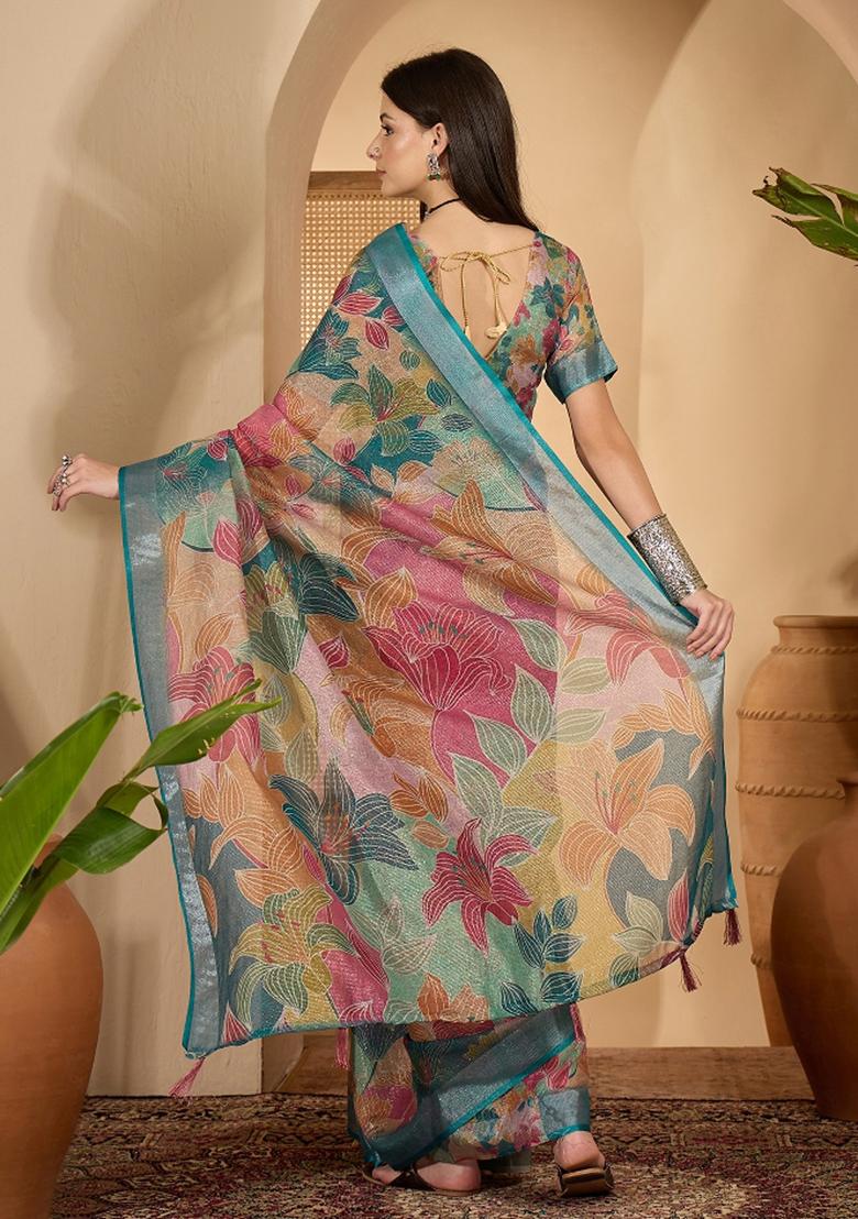 Multicolor Printed Linen Saree Set - Indya