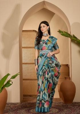 Teal Printed Linen Saree Set