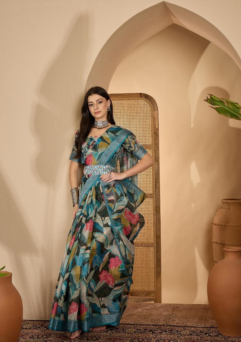 Teal Printed Linen Saree Set - Indya