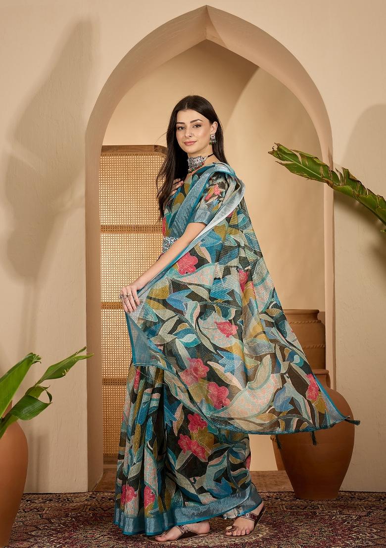 Teal Printed Linen Saree Set - Indya
