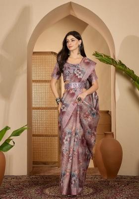 Dusty Pink Printed Linen Saree Set